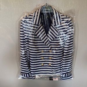 Blue and white striped coat with shoulder pads